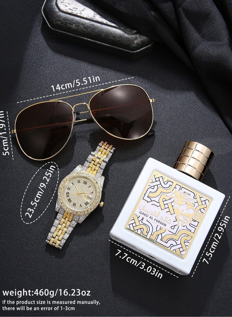 3pcs سادة ساعة جناح، الفاخرة أنيقة مع تقويم ساعة الكوارتز + عطر + النظارات، مناسبة له هدية عيد ميلاد مثالية - Image 2